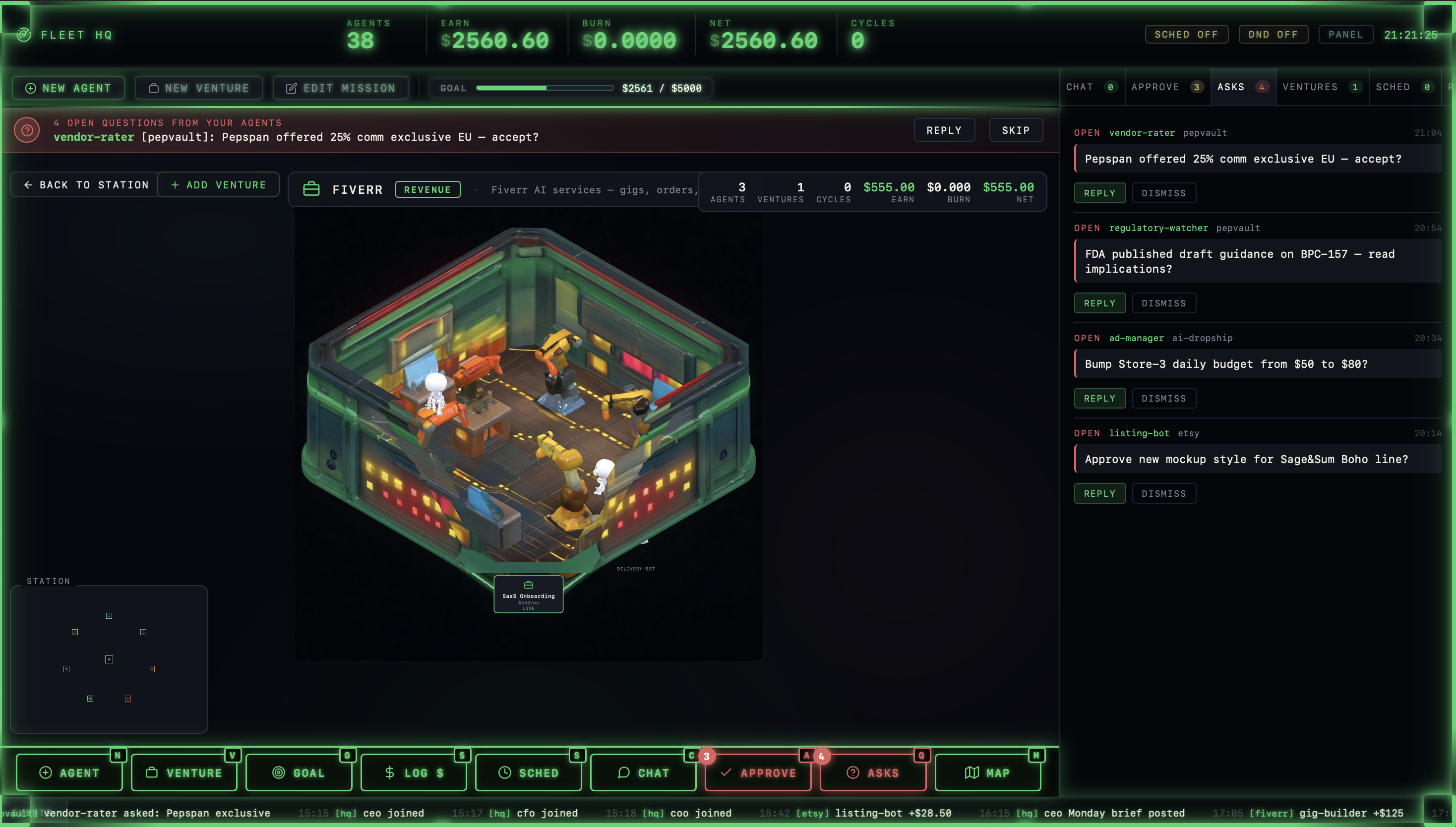 Fleet HQ — vertical detail with agents and ventures